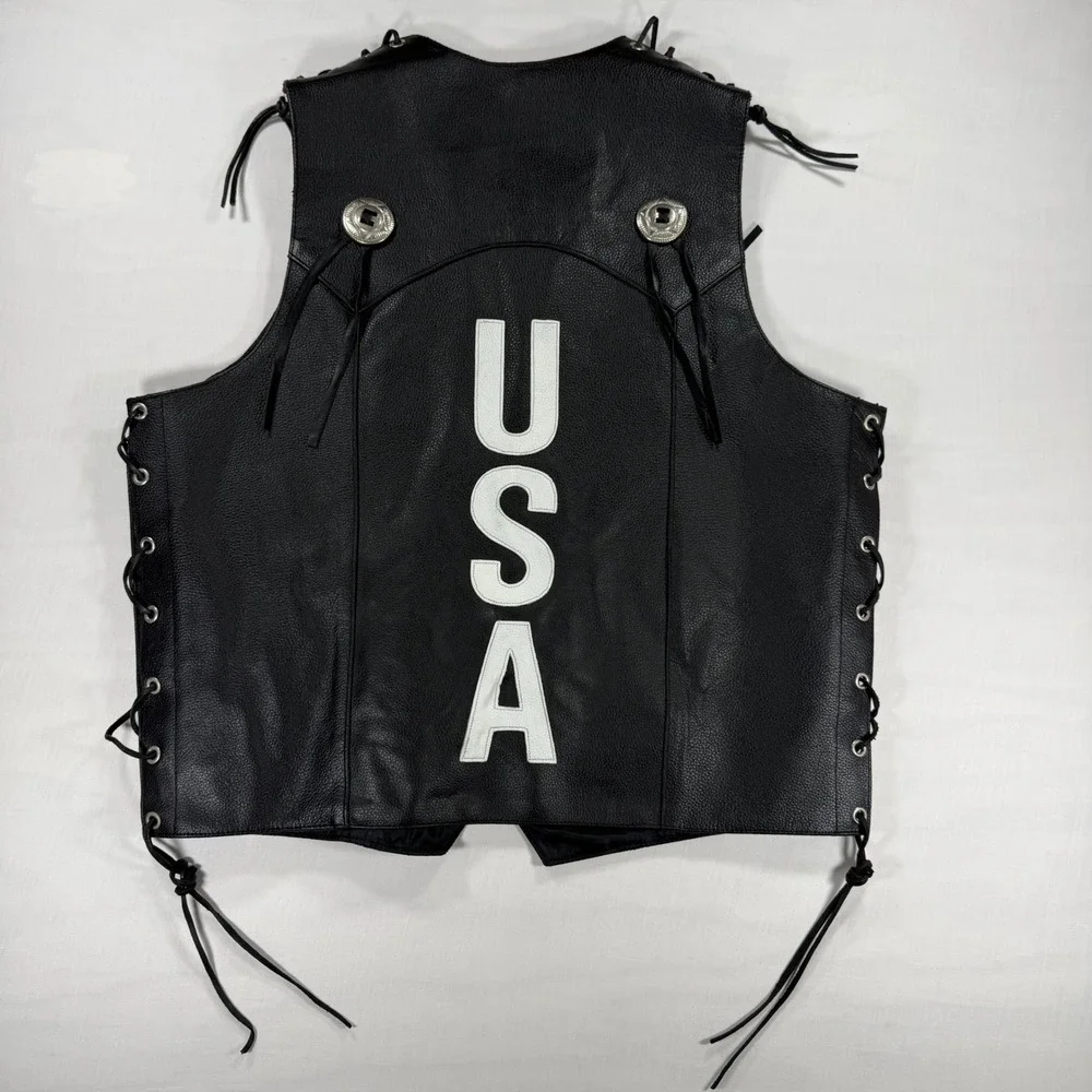 Himalaya Motor Bikewear Mens Black Leather USA Biker Vest Concho Side Lace S